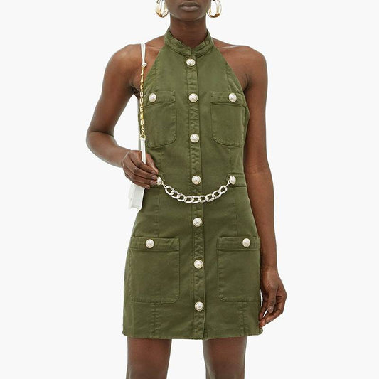 Women green cotton backless halter dress with lion buttons and chain detail, short length and standing collar