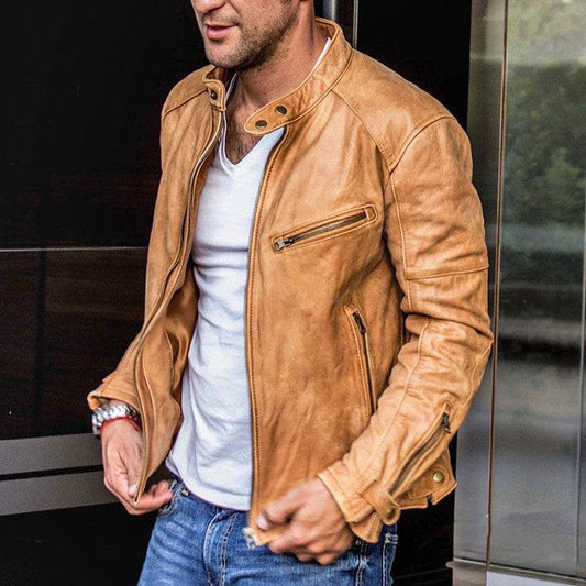 Men's tan motorcycle leather jacket with stand-up collar and zipper pockets, casual spring and autumn wear