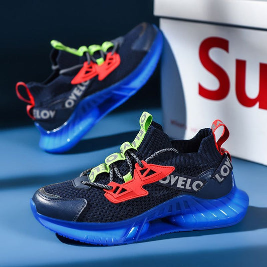 Colorful luminous men's running shoes with breathable flying weave upper and lightweight blue TPU sole for night running