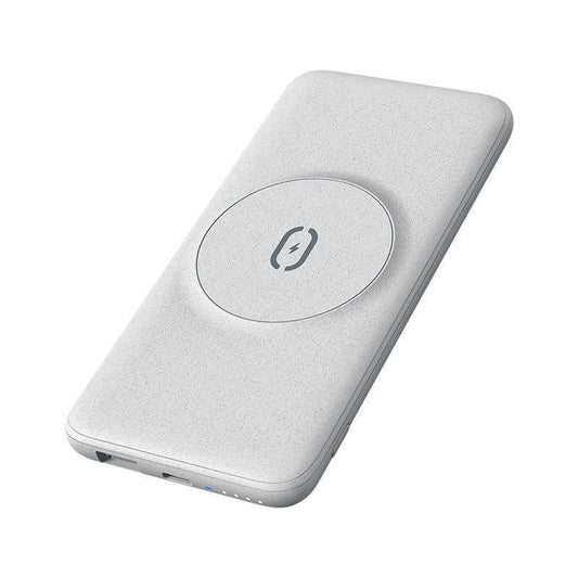Portable 20W magnetic wireless power bank compatible with Apple iPhone in silver white gray color