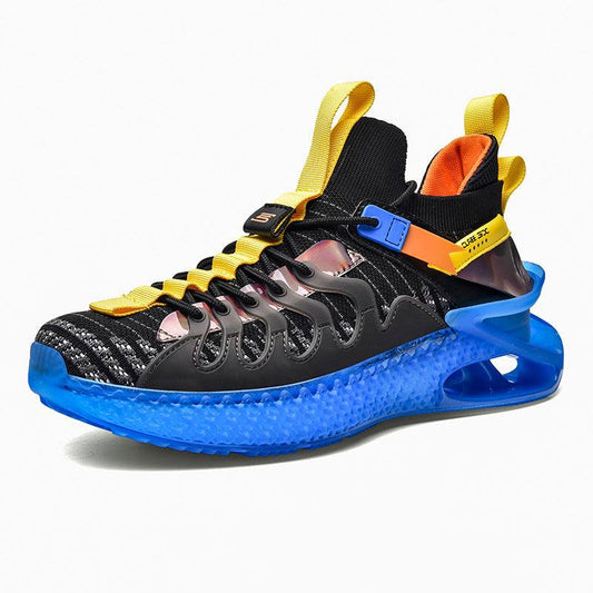 Men's breathable summer sports shoes with blue thick rubber sole and yellow accents