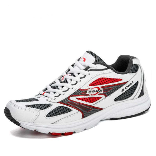 BONA New Classics women's breathable running shoes with white, red, and black mesh design and rubber sole
