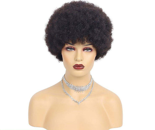 Short human hair afro kinky curly wig with Qi bangs on mannequin bust
