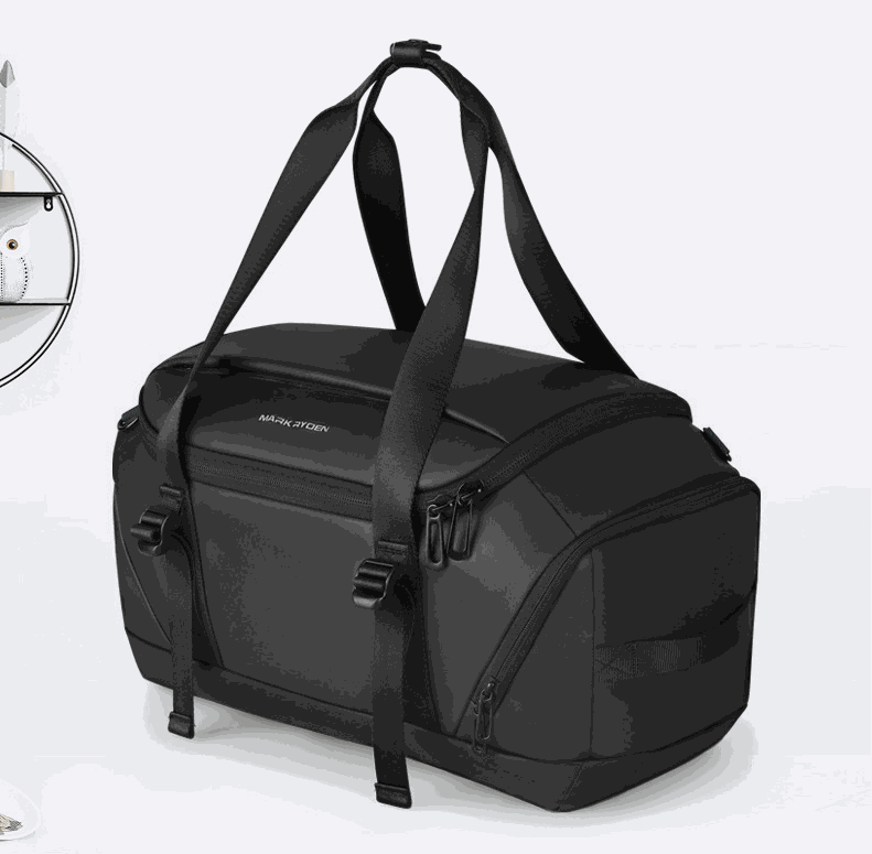 Black Oxford cloth outdoor travel backpack for men with curved shoulder straps and multiple compartments