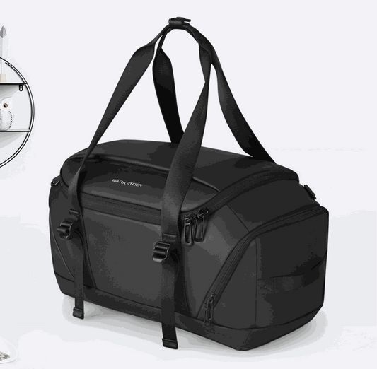 Black Oxford cloth outdoor travel backpack for men with curved shoulder straps and multiple compartments