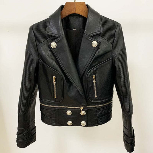 Black slim fit women's motorcycle leather jacket with double-breasted front and zippered pockets