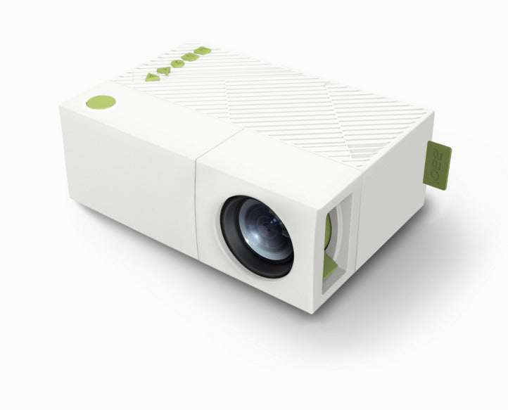 Le Jiada YG300 HD compact white micro projector with green accents and front projection lens