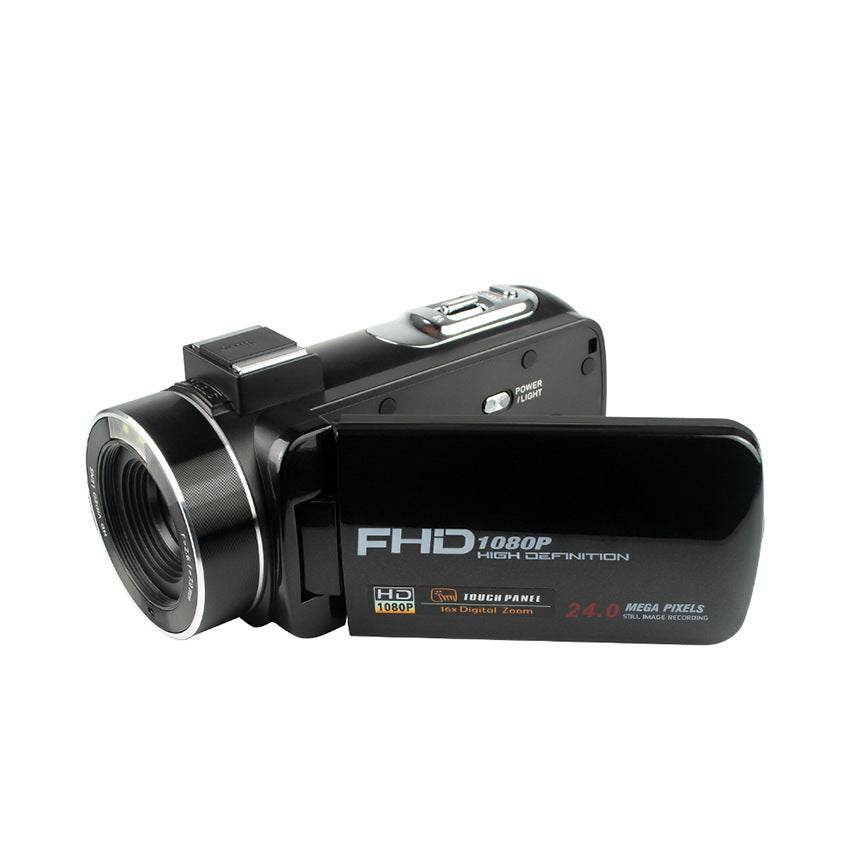 black HD digital camera with 1080p full high definition and 24.0 megapixels, featuring a flip-out touchscreen panel