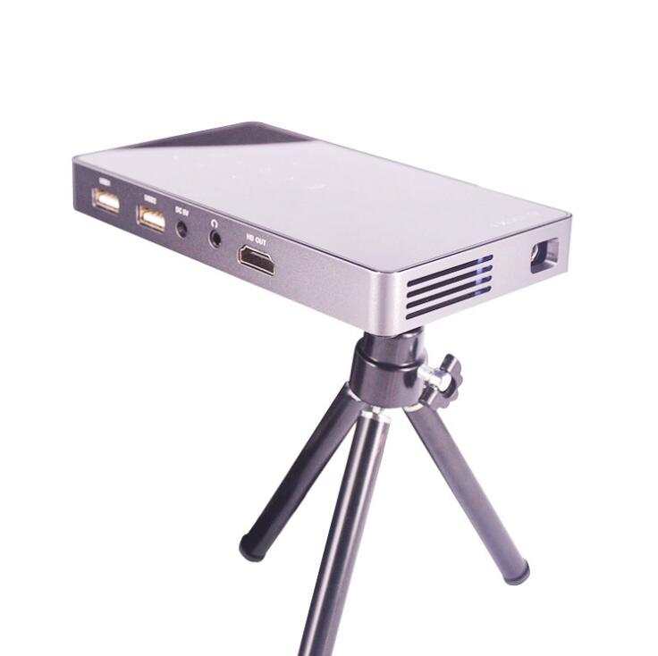 P8 Prima 1080p HD portable projector on tripod with slim design and multiple ports