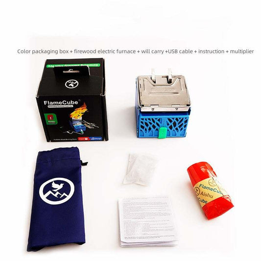 Fire Generator electric wood stove camping kit with folding furnace, USB cable, multiplier, firewood, and carrying pouch