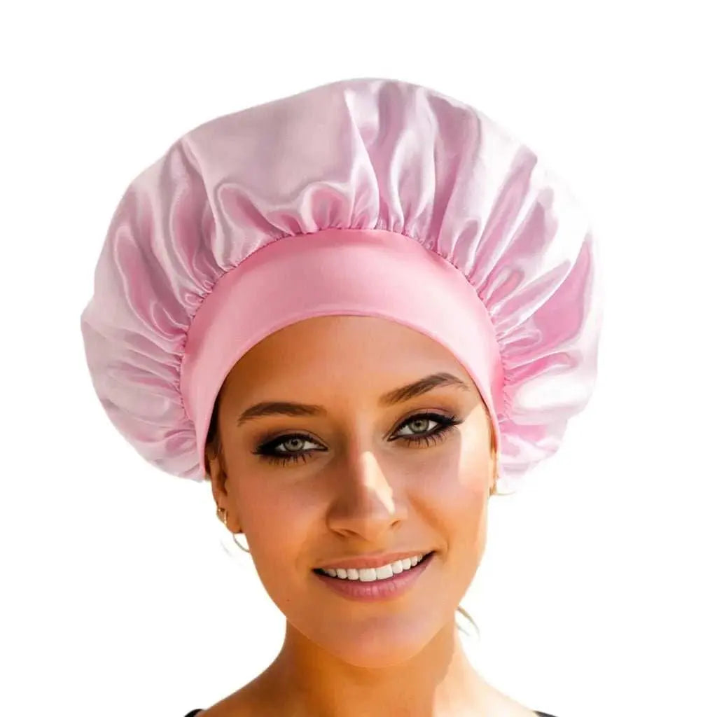 1PCS Silky Satin Cap Reusable Elastic Wide Band Shower Cap Sleeping Cap Hair Protective Cap for Women Curly Natural Hair - AMIR BAGS INDIA PRIVATE LIMITED