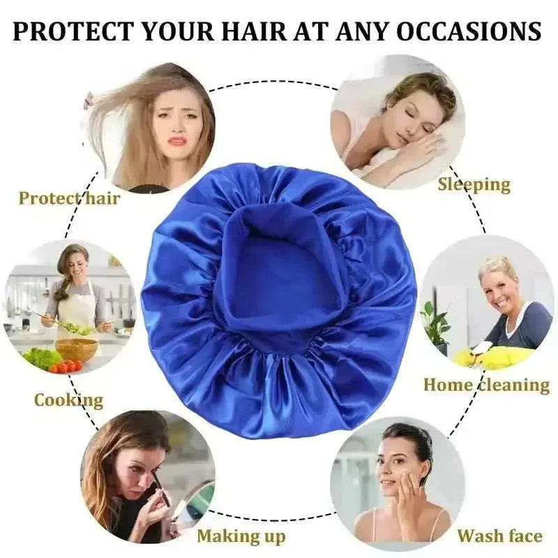 1PCS Silky Satin Cap Reusable Elastic Wide Band Shower Cap Sleeping Cap Hair Protective Cap for Women Curly Natural Hair - AMIR BAGS INDIA PRIVATE LIMITED