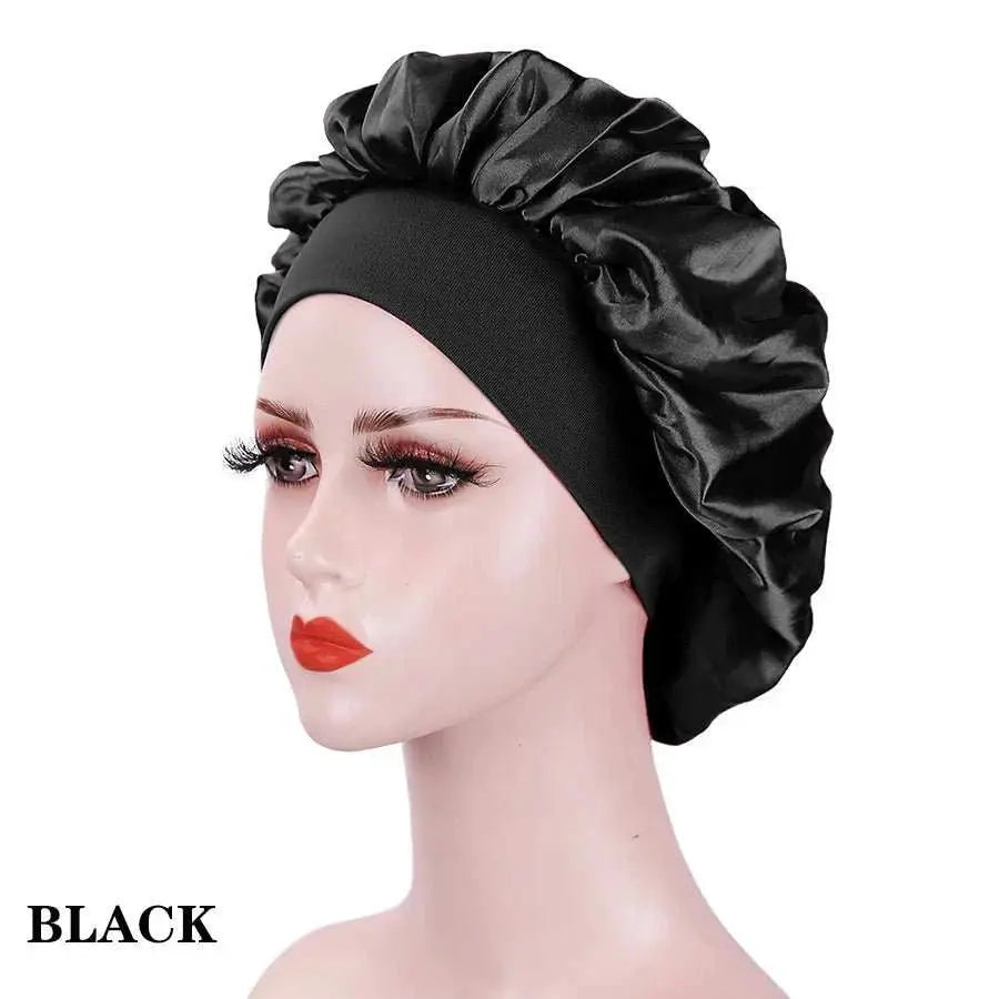 1PCS Silky Satin Cap Reusable Elastic Wide Band Shower Cap Sleeping Cap Hair Protective Cap for Women Curly Natural Hair - AMIR BAGS INDIA PRIVATE LIMITED