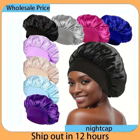 1PCS Silky Satin Cap Reusable Elastic Wide Band Shower Cap Sleeping Cap Hair Protective Cap for Women Curly Natural Hair - AMIR BAGS INDIA PRIVATE LIMITED