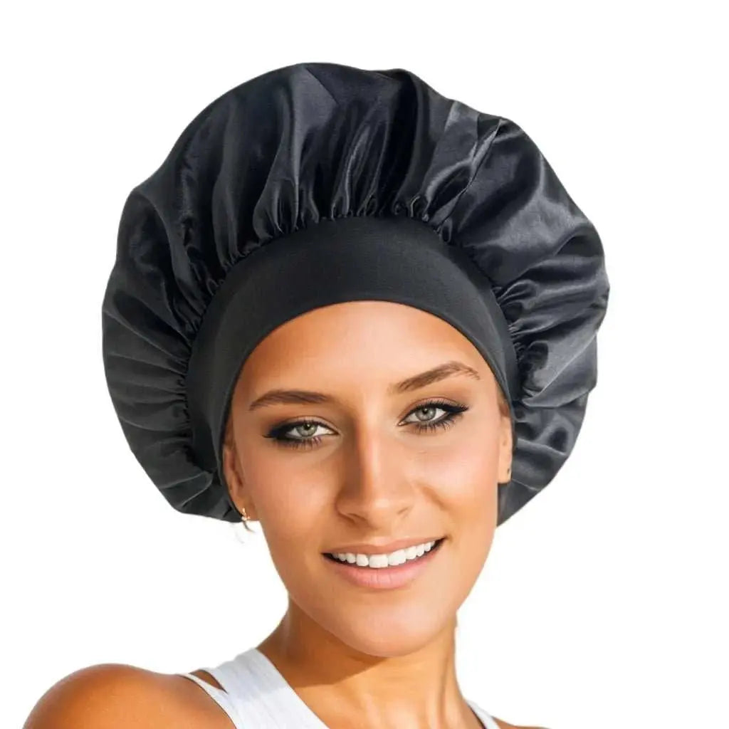1PCS Silky Satin Cap Reusable Elastic Wide Band Shower Cap Sleeping Cap Hair Protective Cap for Women Curly Natural Hair - AMIR BAGS INDIA PRIVATE LIMITED