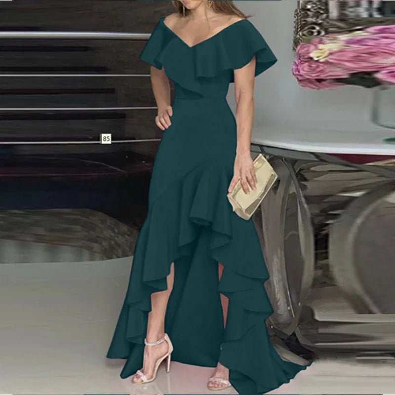 2024 Independent Station Aliexpress Amazon European and American Style V - Neck Ruffle Edge Irregular Elegant Dress - AMIR BAGS INDIA PRIVATE LIMITED