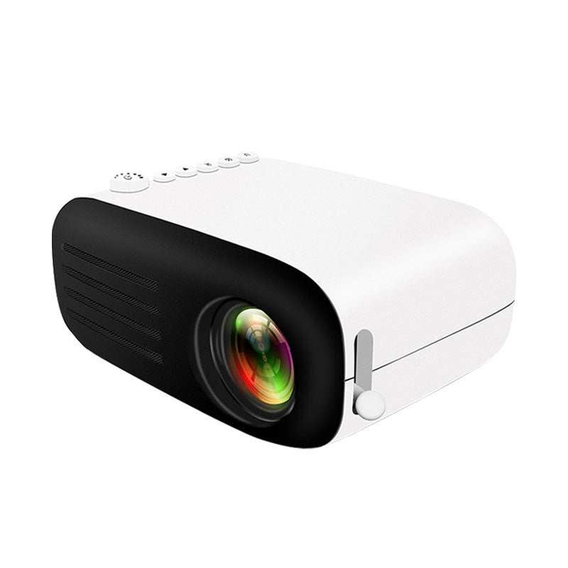 Compact home mini projector with LED light source, manual focus, and multiple device ports in black and white design