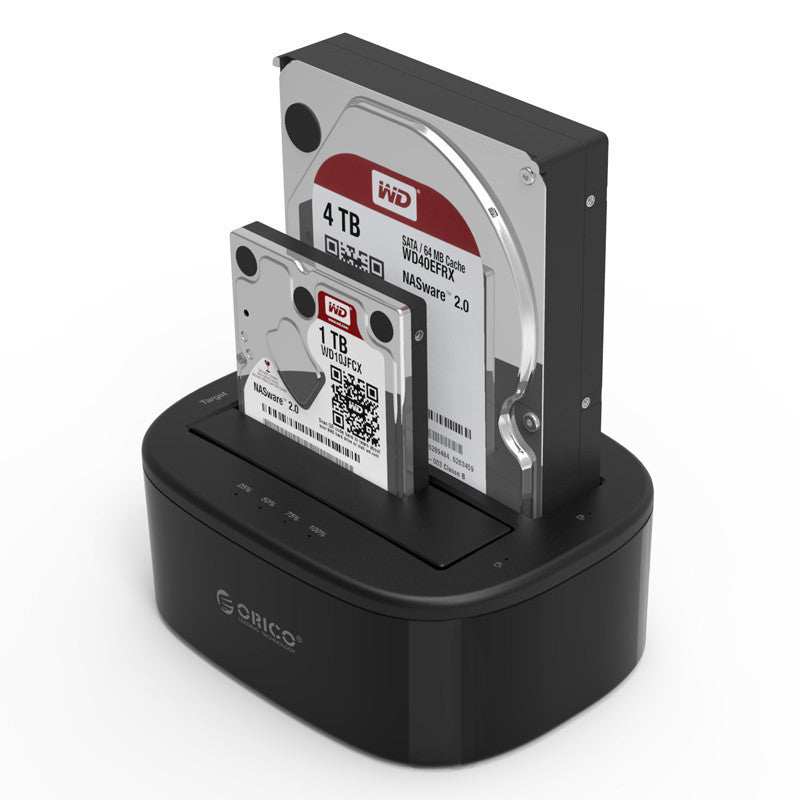 Black mobile hard disk docking station holding 3.5 inch and 2.5 inch hard drives with LED indicators