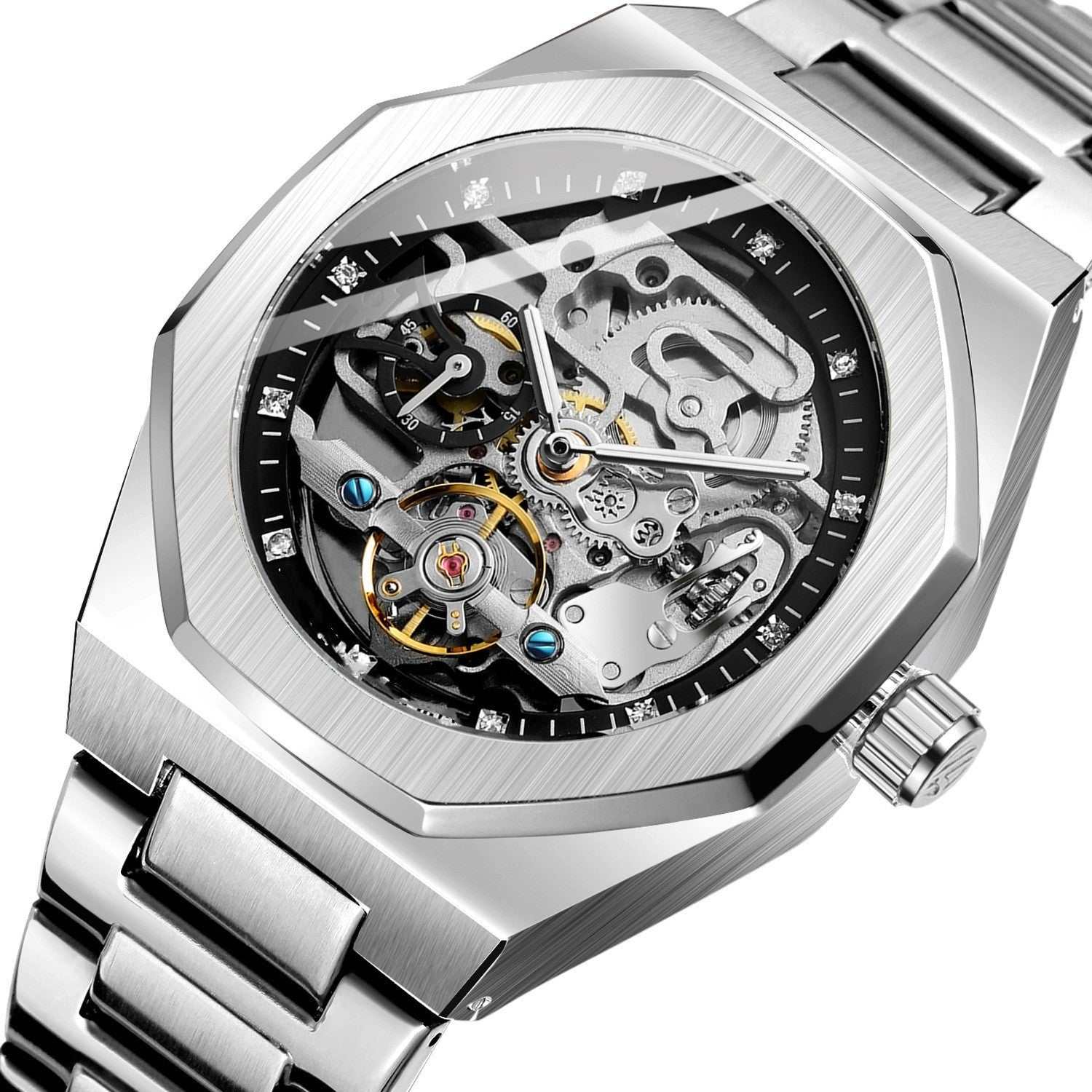 Men's fully automatic mechanical watch with silver stainless steel band and skeleton dial.