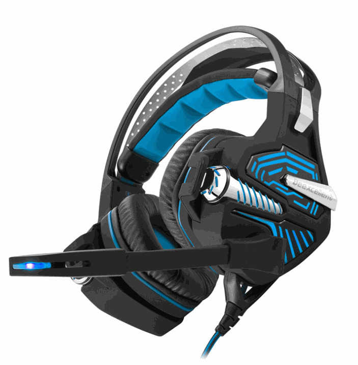 GS100 headphones with black and blue design, cushioned ear cups, adjustable headband, and built-in microphone.