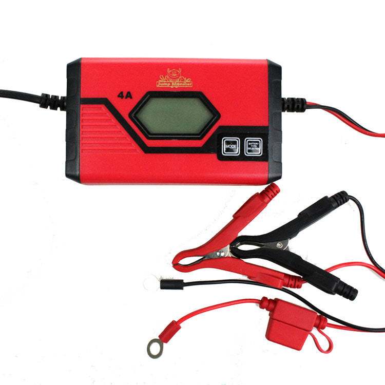 Red car battery charger with digital display, clamps, and waterproof fire retardant casing