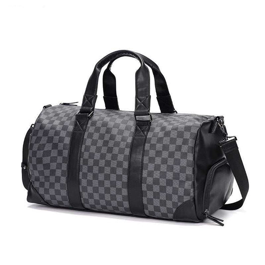 Fashion men's checkered horizontal portable travel bag with black handles and adjustable shoulder strap
