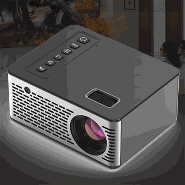 compact USB smart projector with front orthographic projection and control buttons on top