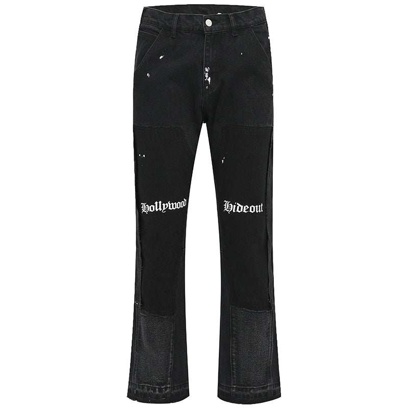 High Street Heavy Wash black green mid-waist flared denim pants with patchwork and printed text design