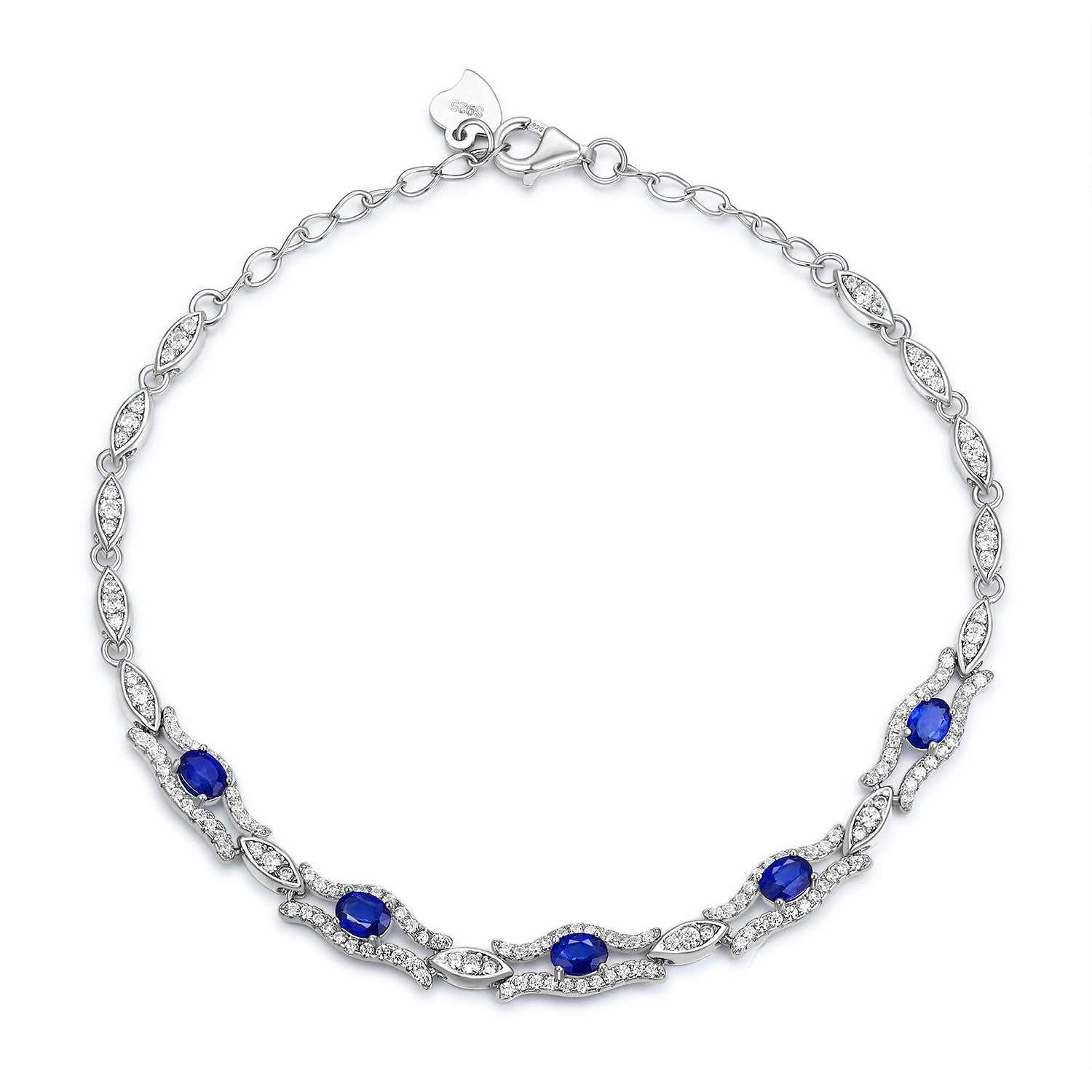 Natural sapphire bracelet for women in S925 platinum silver with geometric design and blue gemstones