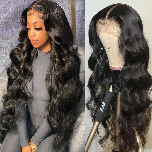 Black chemical fiber wig with front lace and long wavy bangs on mannequin and model