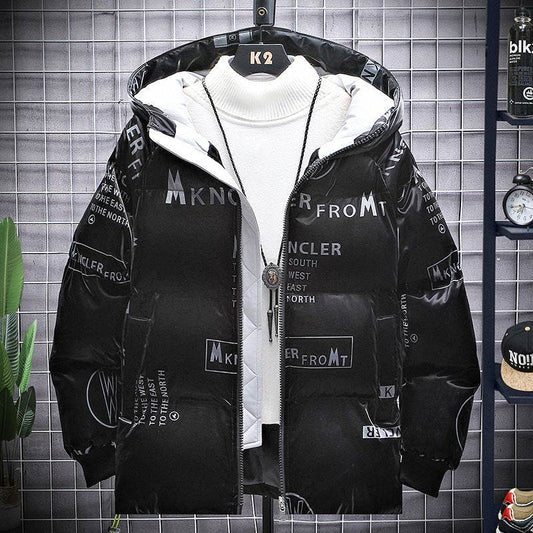 Men's thick and warm black hooded cotton jacket with zipper and printed design for winter