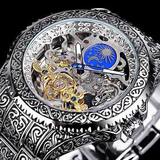 European and American style men's fashion mechanical watch with hollow carved design and moon phase display