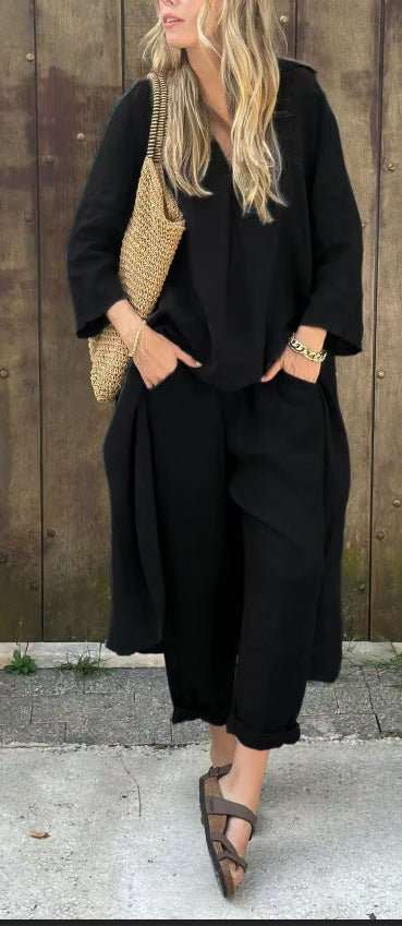 2pcs Long - sleeved Suits Loose V - neck Long Top And High Waist Wide Leg Pants With Pockets Women's Clothing - AMIR BAGS INDIA PRIVATE LIMITED