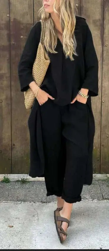 2pcs Long - sleeved Suits Loose V - neck Long Top And High Waist Wide Leg Pants With Pockets Women's Clothing - AMIR BAGS INDIA PRIVATE LIMITED