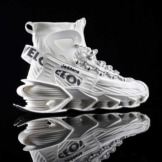White men's thick-soled basketball sneakers with breathable mesh upper and unique cushioned sole design