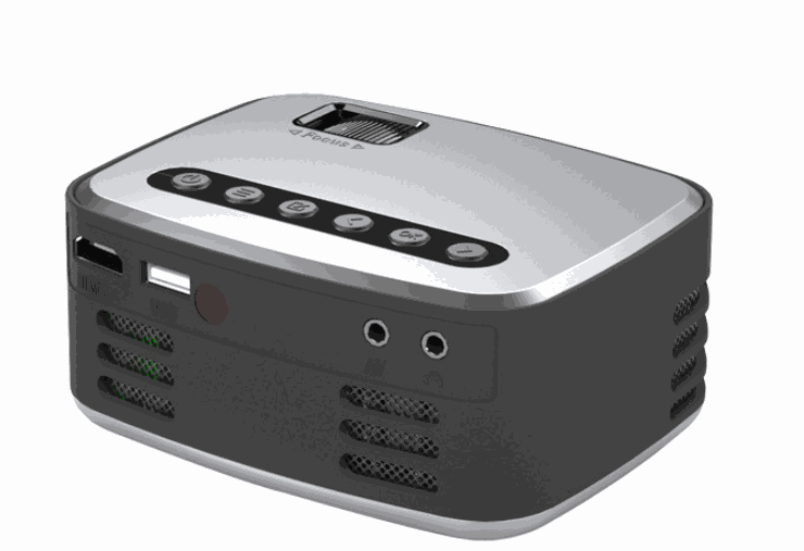 Mini Projector LED home theater with manual focus, USB and HDMI ports, compact black and silver design