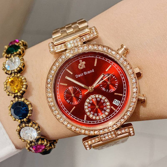 Rose gold women's waterproof diamond watch with red dial and calendar display