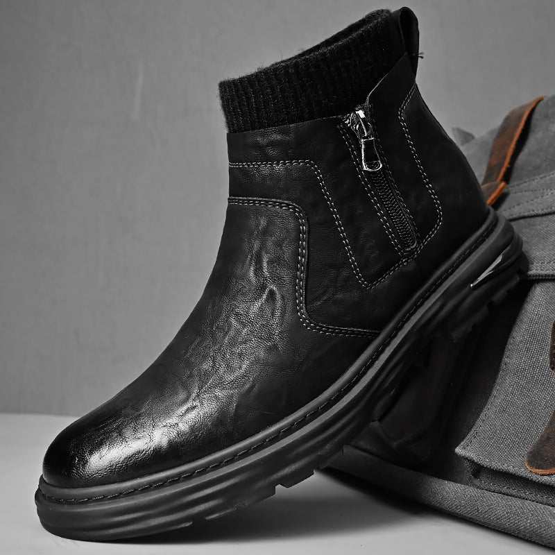 Black men's workwear boots with side zipper and knitted sock collar for comfort