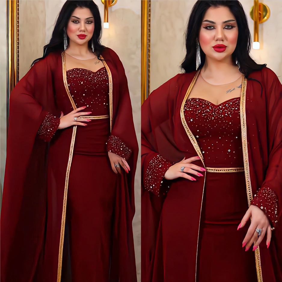 Women's wear 2 piece set long wine red dress with beaded bodice and sheer raglan sleeve overlay