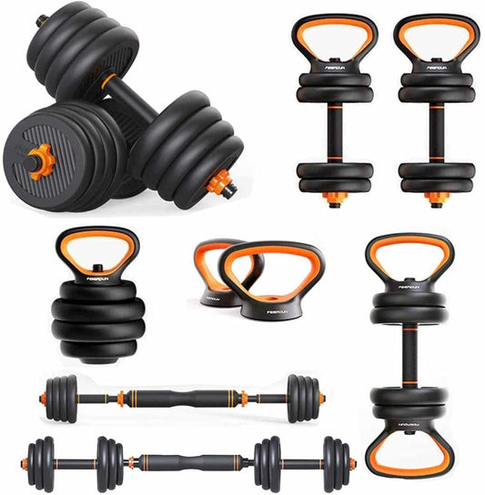 Multifunctional six-in-one dumbbells kettlebells and barbell set with adjustable weights and orange-accented handles