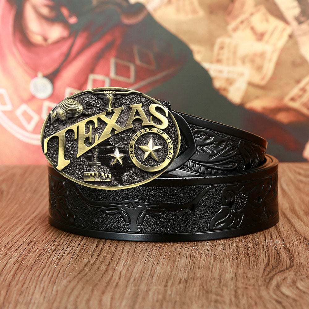 Men's and women's fashion black leather belt with Texas cow head embossed design and gold-tone Texas buckle