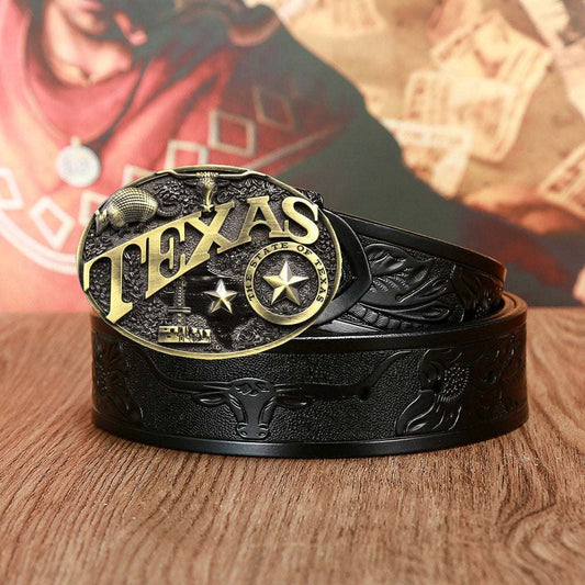 Men's and women's fashion black leather belt with Texas cow head embossed design and gold-tone Texas buckle