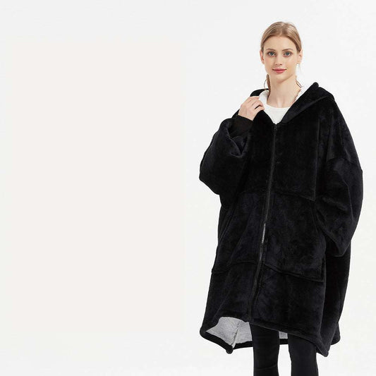 Plus size black wearable blanket hoodie sweatshirt for winter, thick and cozy flannel material robe for women and men