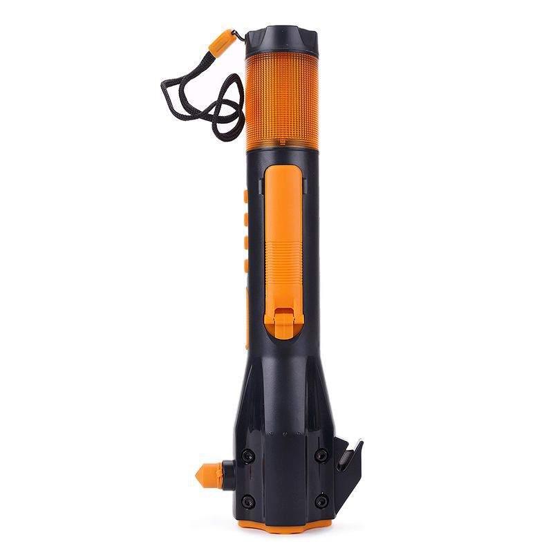 Gray and orange car safety hammer with LED emergency light, seatbelt cutter, window breaker, USB charging, compass, and AM/FM radio.