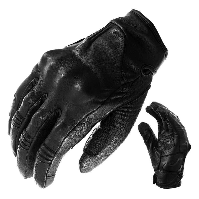 Black retro motorcycle leather gloves made from sheepskin with CE protective shell and shock-absorbing pads, available in sizes M to 2XL.