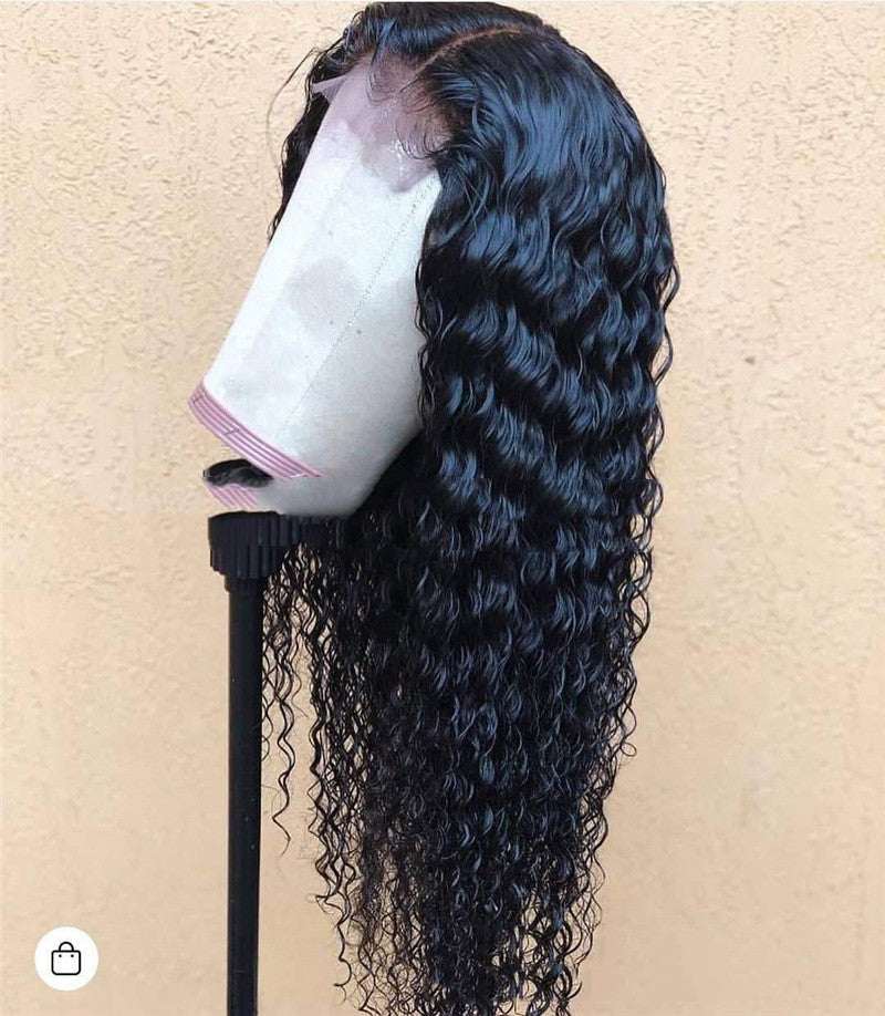 Hot ladies front lace long curly wig in black chemical fiber on mannequin head