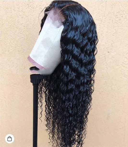 Hot ladies front lace long curly wig in black chemical fiber on mannequin head