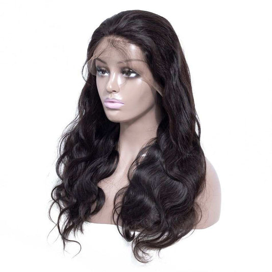 lace front human hair wig with long wavy dark brown hair on mannequin head