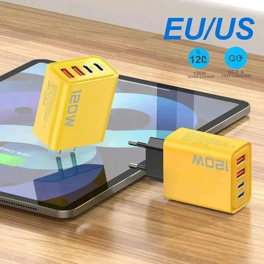 Yellow 4 port USB charger with 120W fast charge, compatible with EU and US plugs, designed for iPhone, Samsung, Xiaomi, Huawei.