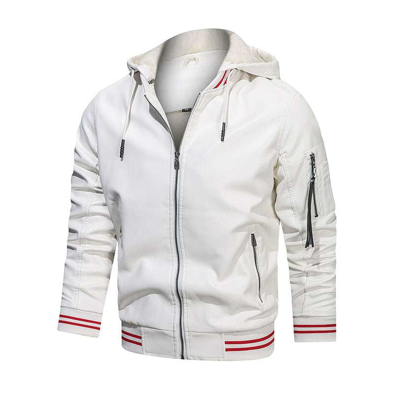 Men's white hooded leather jacket with multiple zippered pockets and red striped cuffs